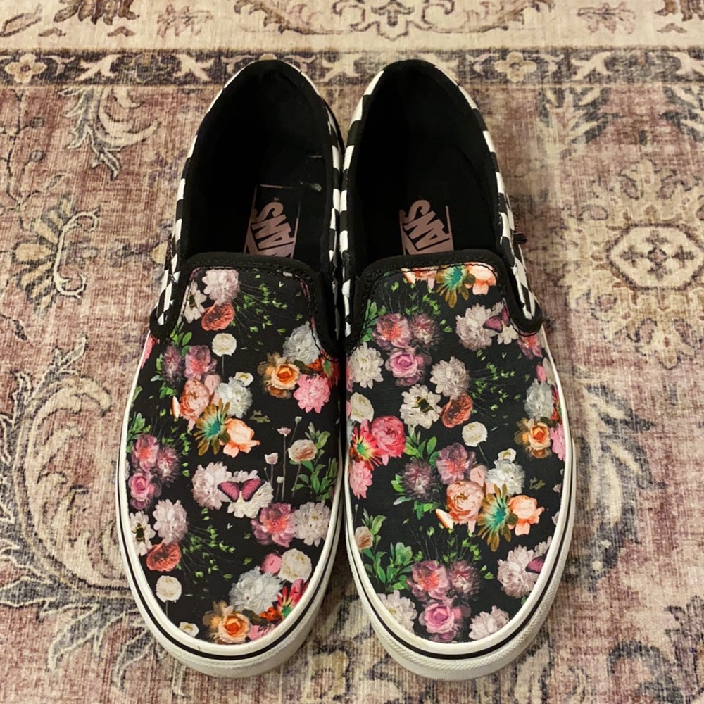Pink & Purple Floral/ Checks Slip On Asher Vans Sz 8.5